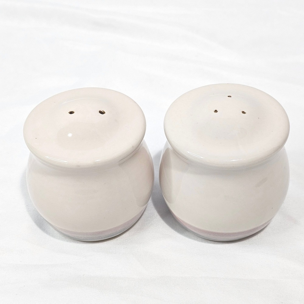 Vintage Stoneware Salt and Pepper Shakers Cream Blue Pink Banded Ceramic Set